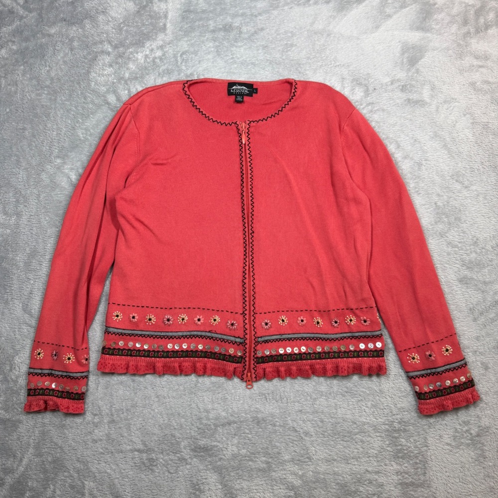 Icelandic Design Cardigan Sweater Women L Pink Embroidered Beaded Y2K Boho